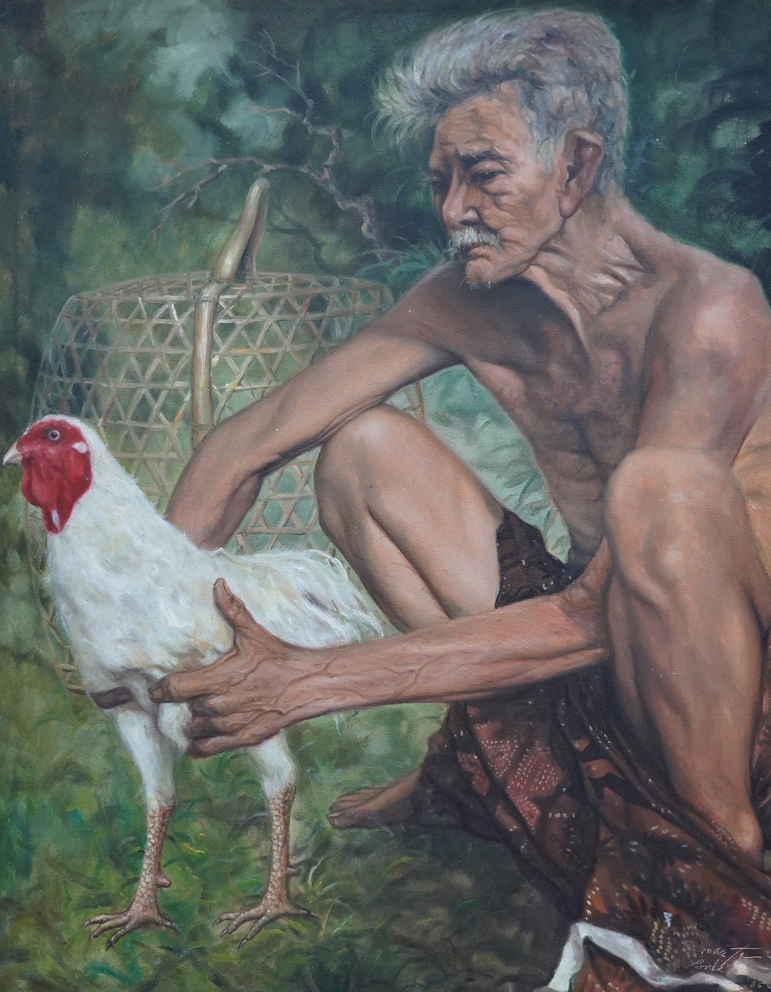 Burmese School, oil on canvas, study of a man with a chicken, indistinctly signed lower right, dated ‘85, 87 x 67cm